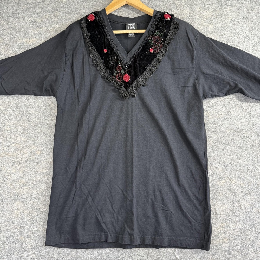 Goth Fairycore Tunic Shirt Womens 18/20 Black Lace Velvet Floral Rose Top‎ 90s